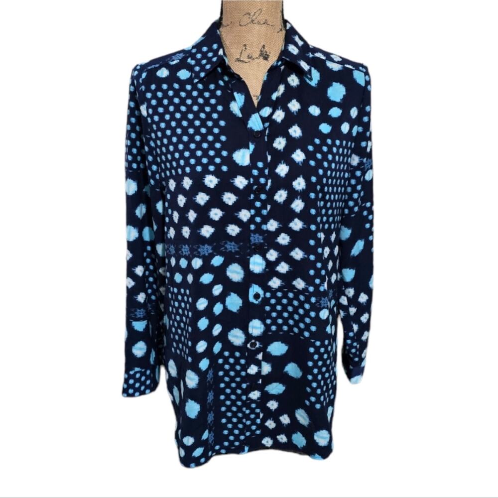 Chico's Blue & White Button Down Tunic Shirt Size Small 0